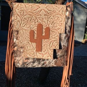 Western fringe cactus cowhide purse